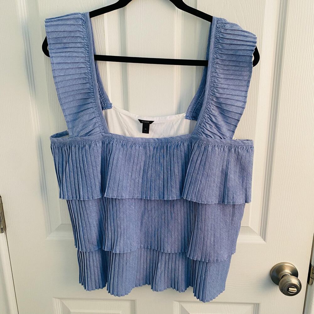 J.Crew Shirt Womens XL Blue Pleated Tiered Ruffle Sleeveless Square Neck preppy